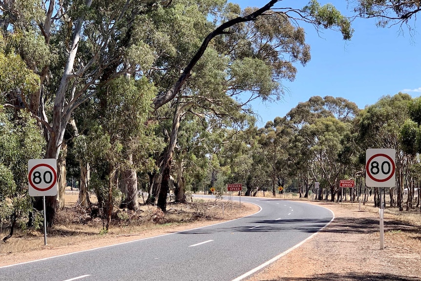 Two 80 kilometre per hour signs on opposite sides of a two lane road.