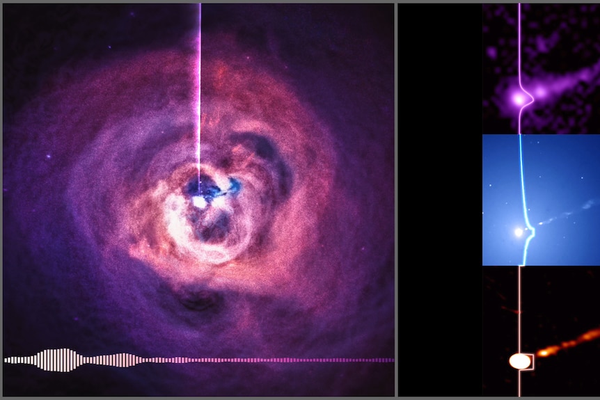 Telescope images of galaxy clusters and black holes, overlaid with sound waves