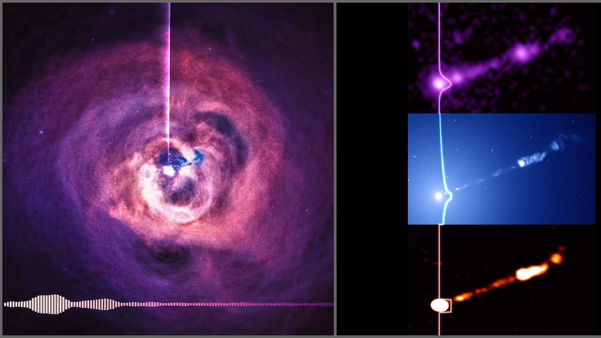 Telescope images of galaxy clusters and black holes, overlaid with sound waves