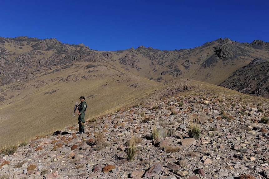 An armed man standing on the desert.
