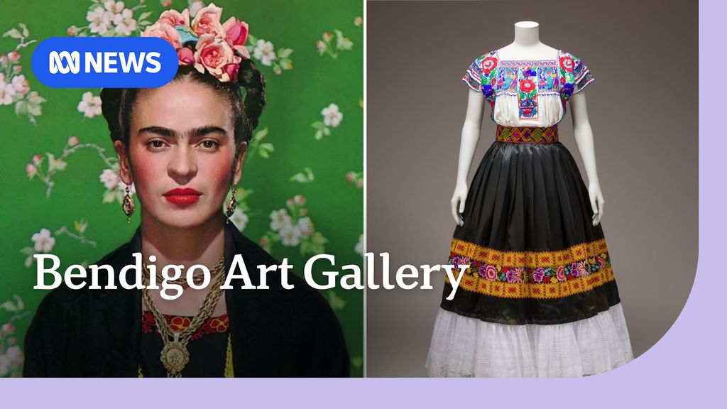 Bendigo Art gallery. Image of Frida Kahlo wearing a flower crown. Image of long dress with embroidery on bodice and sleeves.  