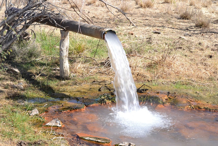 Water flowing onto the ground from a round pipe.