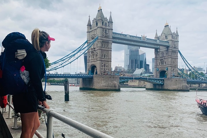 Eliza Bartlett looking at London Bridge.