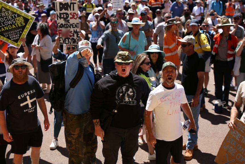 A group of protestors holding signs and making gestures