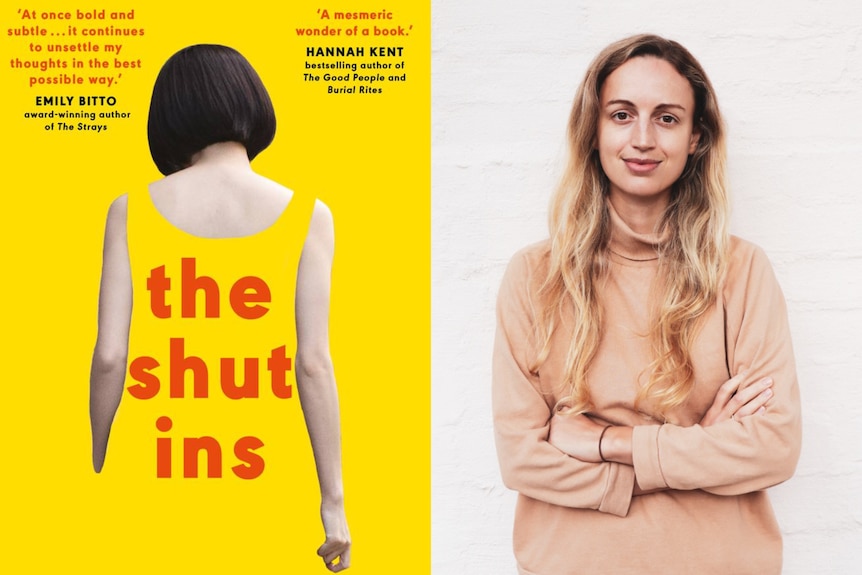 A bright yellow book cover for The Shut Ins and a photo of a woman in her early 30s with blonde hair wearing a light pink skivvy