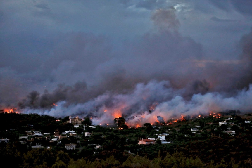 A wildfire rages in the town of Rafina