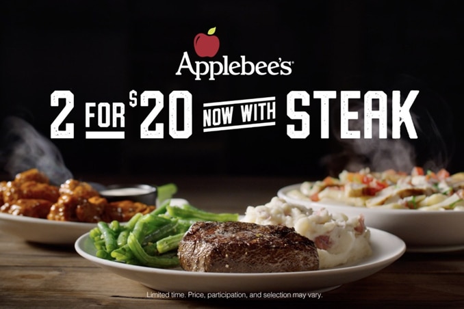 an advertisement by company applebees with a photo of a plate of steak saying '2 for 20 now with steak'
