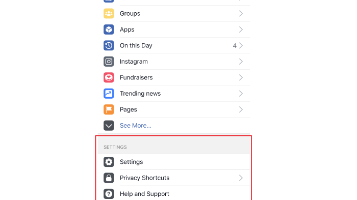 The Facebook settings options on mobile.