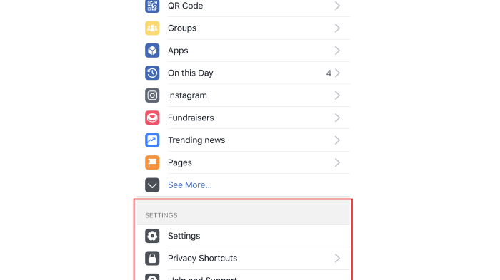 The Facebook settings options on mobile.