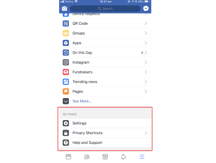 The Facebook settings options on mobile.