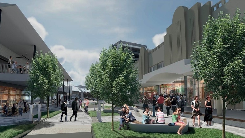 Pedestrians sitting and walking in artist's impression of redeveloped Ipswich mall.