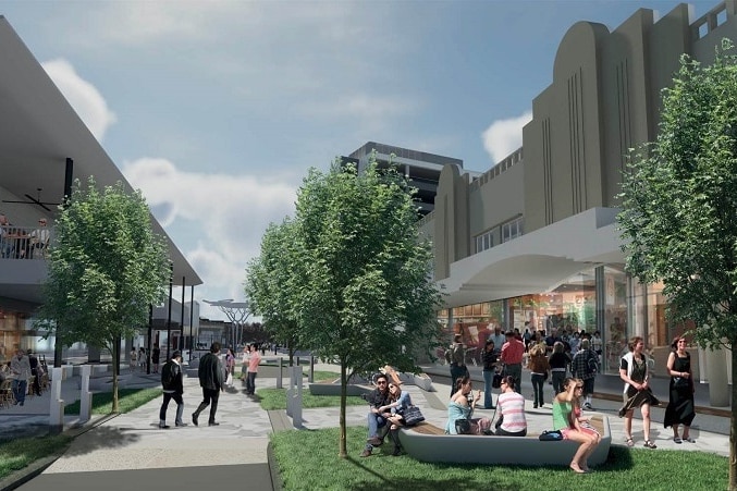 Pedestrians sitting and walking in artist's impression of redeveloped Ipswich mall.