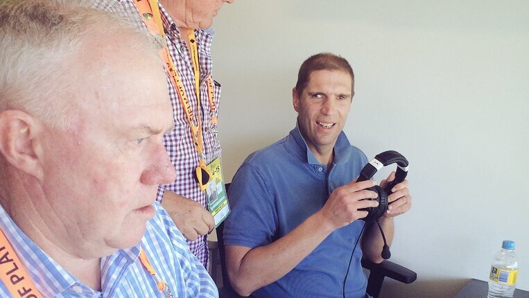 Blind marathon swimmer James Pittar with Drew Morphett and Jim Maxwell in the Grandstand commentary box