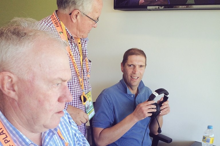 Blind marathon swimmer James Pittar with Drew Morphett and Jim Maxwell in the Grandstand commentary box