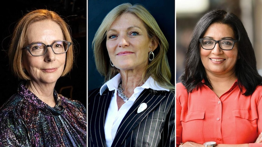 Side by side images of Julia Gillard, Fiona Patten and Mehreen Faruqi
