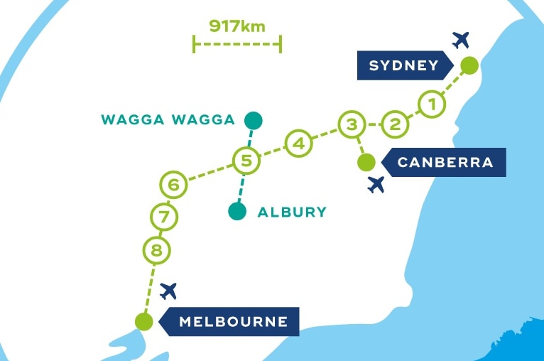 A map outlines a proposed route for high-speed rail linking Melbourne, Sydney and Canberra.