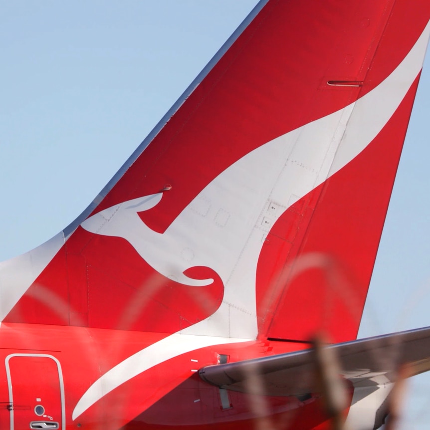 A close-up of the Qantas logo on the tail of one of its planes. The sky behind it is clear.
