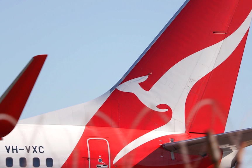 A close-up of the Qantas logo on the tail of one of its planes. The sky behind it is clear.