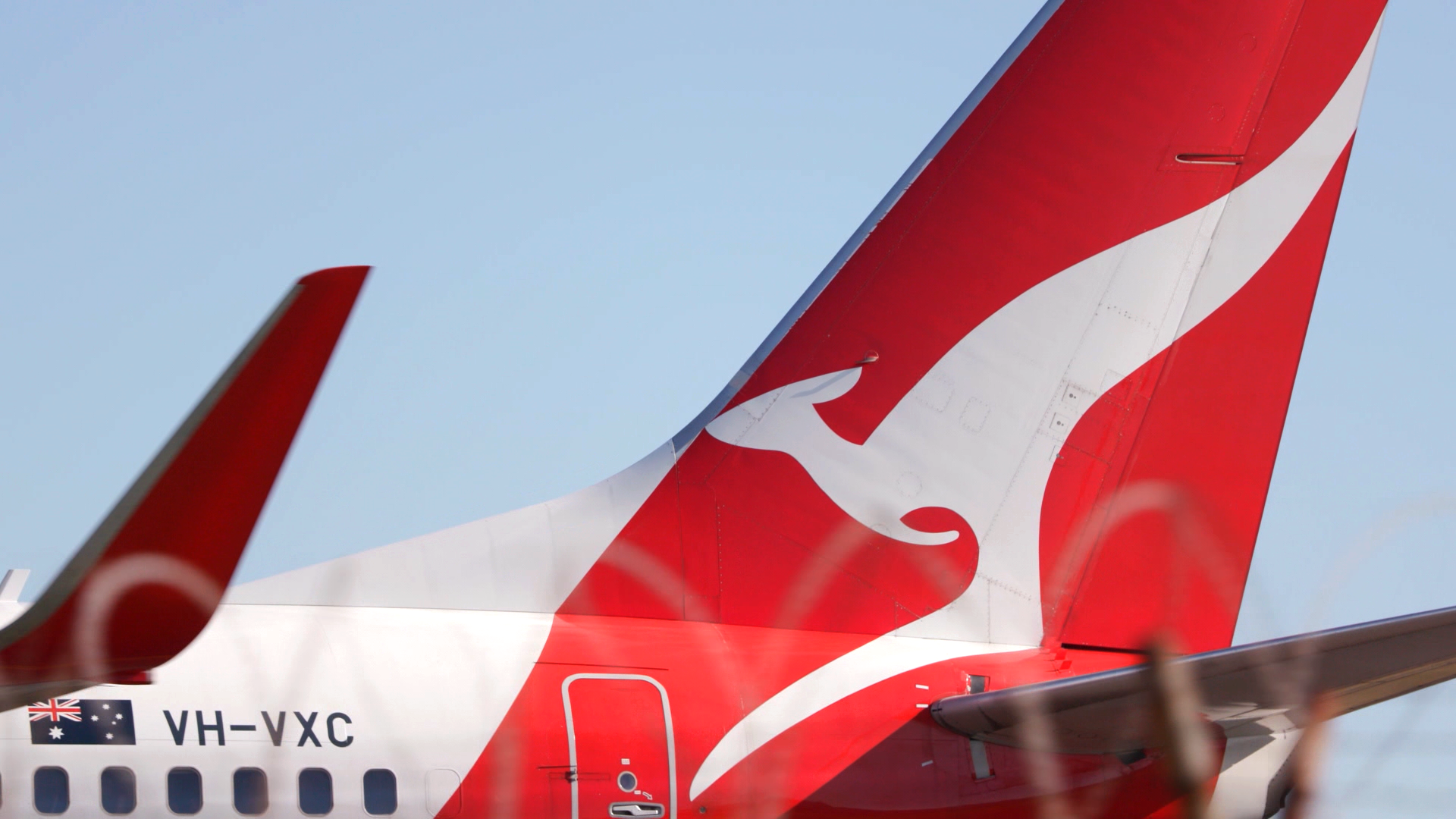 A close -其中一架飞机尾部的澳航标志。它后面的天空是晴朗的。” class=