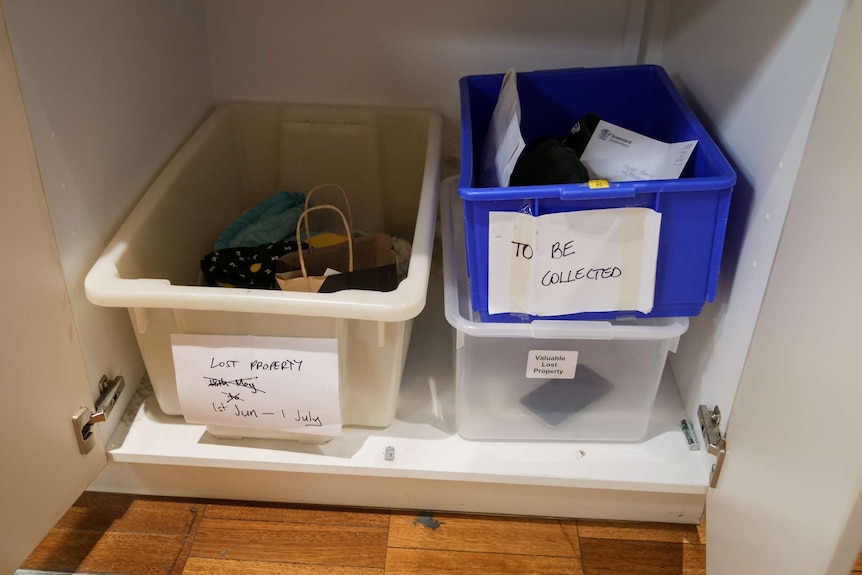 Lost and found cupboard at the Queensland Museum.