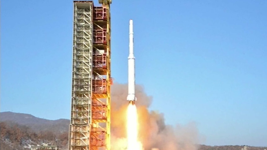 A rocket launches into space.