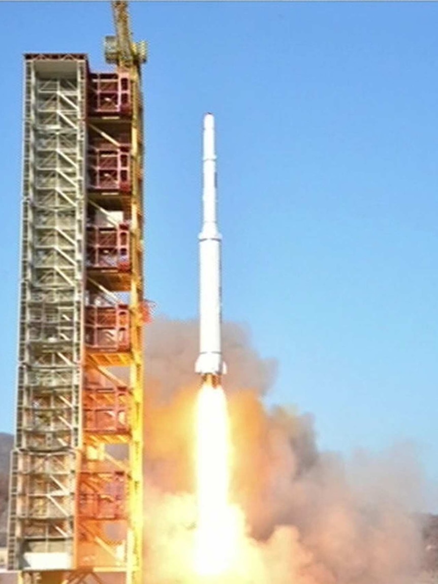 A rocket launches into space.
