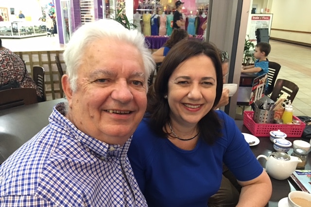 Annastacia and Henry Palaszczuk sit together at a coffee shop in Inala.
