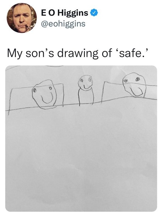 E O Higgins tweet: child's drawing of two adults and a child in bed, with the text: my son's drawing of safe