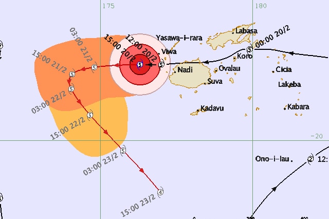 Map showing Tropical Cyclone Winston heading out to sea