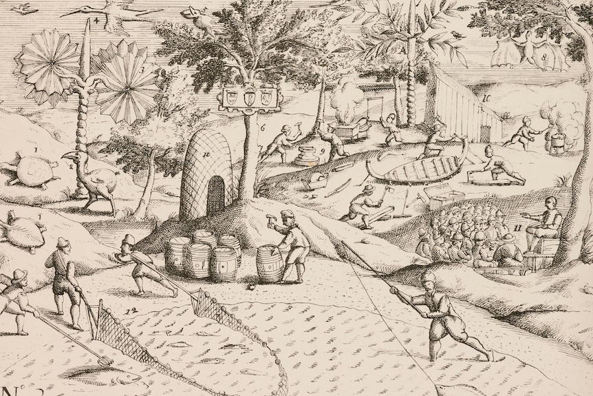 A late 1500s sketch of Dutch sailors arriving in Mauritius, featuring a dodo. 