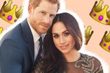 Portrait of Prince Harry and Meghan Markle with crown emojis and a tangerine background to depict views toward the royal family.