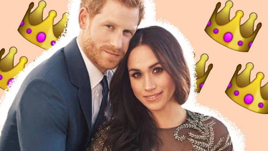 Portrait of Prince Harry and Meghan Markle with crown emojis and a tangerine background to depict views toward the royal family.