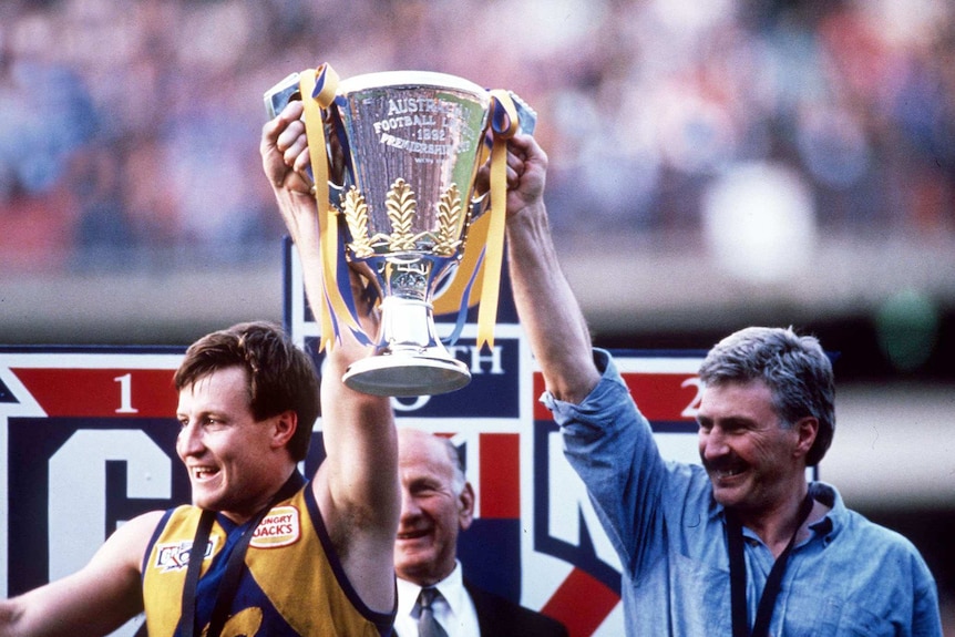 Mick Malthouse and John Worsfold hold the premiership cup in 1992