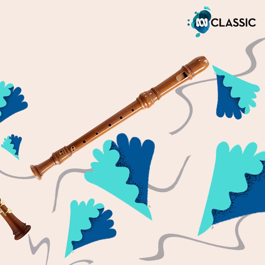 Wooden descant and bass recorder on a beige background, with blue swirls suggesting sound and motion. 