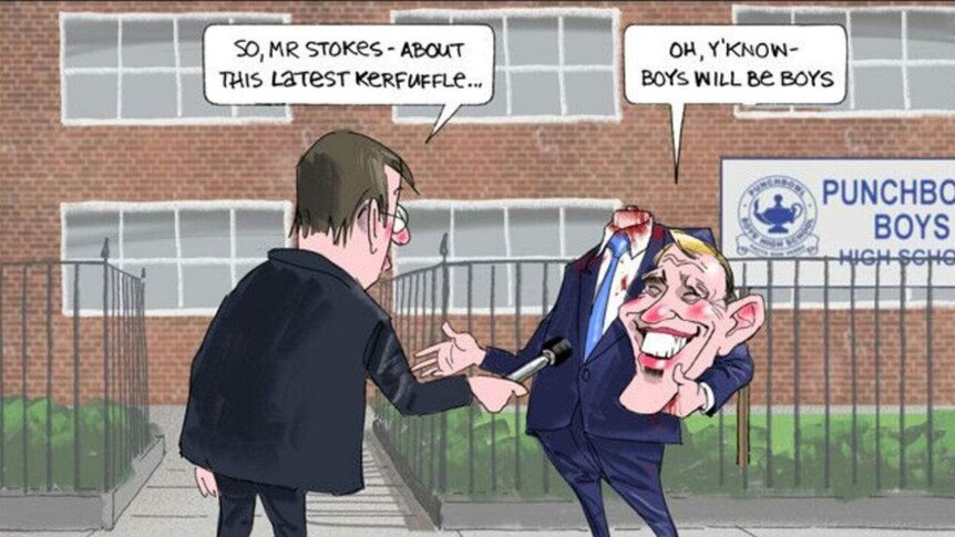 A cartoon shows NSW Education Minister Rob Stokes headless and standing outside Punchbowl Boys High School.