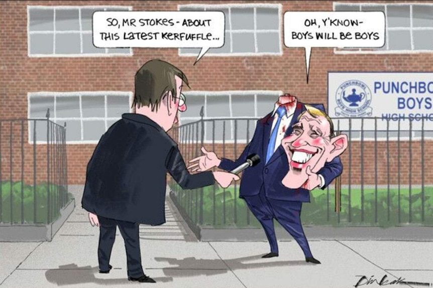 A cartoon shows NSW Education Minister Rob Stokes headless and standing outside Punchbowl Boys High School.