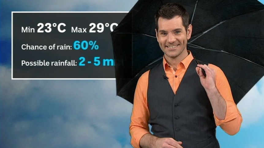 ABC weather presenter Nate Byrne holds an umbrella and stands in front of a rain forecast.