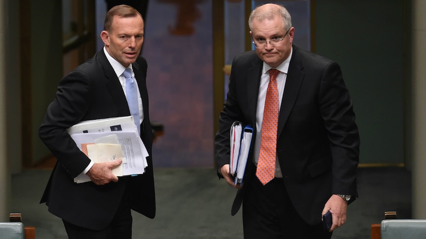 Tony Abbott and Scott Morrison leave after House of Representatives Question Time.