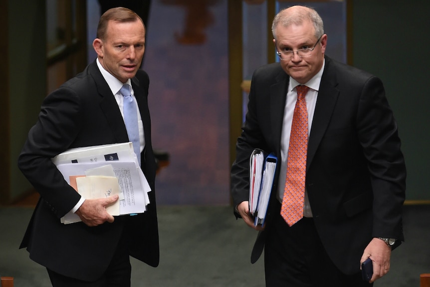 Tony Abbott and Scott Morrison leave after House of Representatives Question Time.