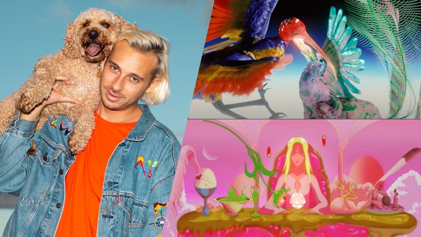 A collage of a Flume press shot, CGI birds, and an animated image of a woman at table.