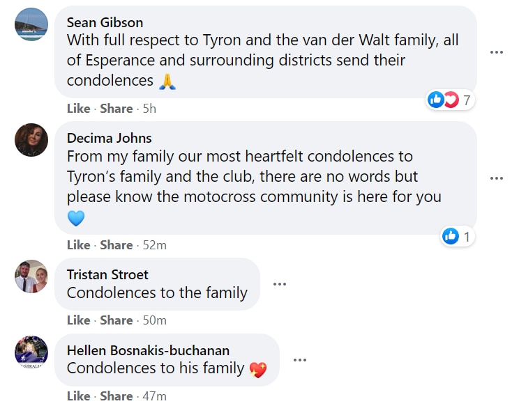 A screen grab of comments on a social media post about the death of a young motocross rider.  