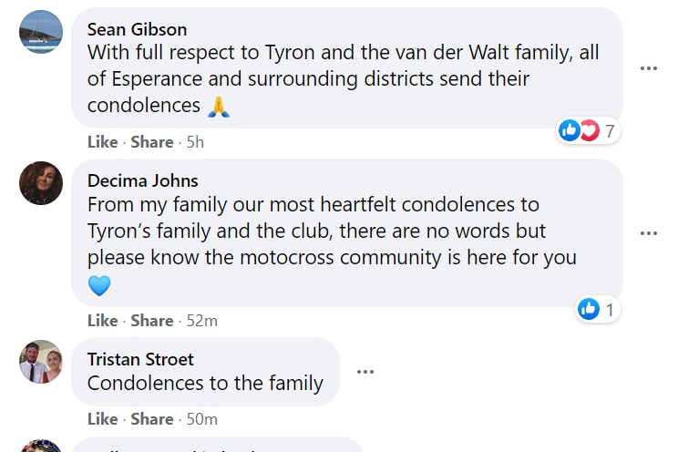 A screen grab of comments on a social media post about the death of a young motocross rider.  