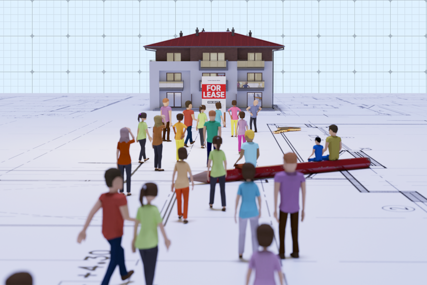 A graphic showing a crowd of people outside a cartoon house with a for lease sign.