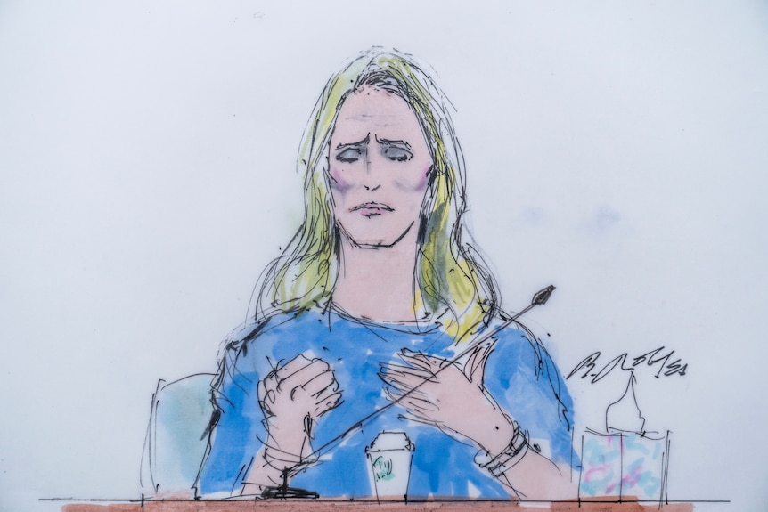 A court sketch of a blond woman crying in the dock 