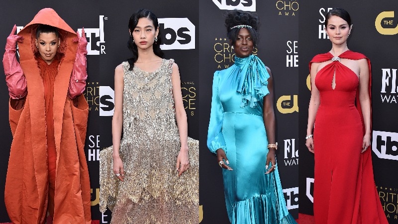 Hailie Sahar, Jung Ho-yeon and Jodie Turner-Smith and Selena Gomez on a red carpet