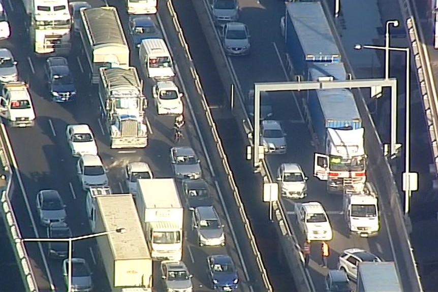 Aerial photo of a traffic jam on the West Gate Freeway.