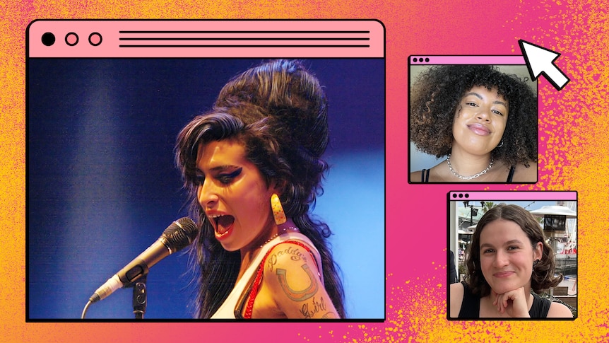 An image of Amy Winehouse singing is cut out left on a fake computer screen backdrop, with Yasmin top and Rachel bottom