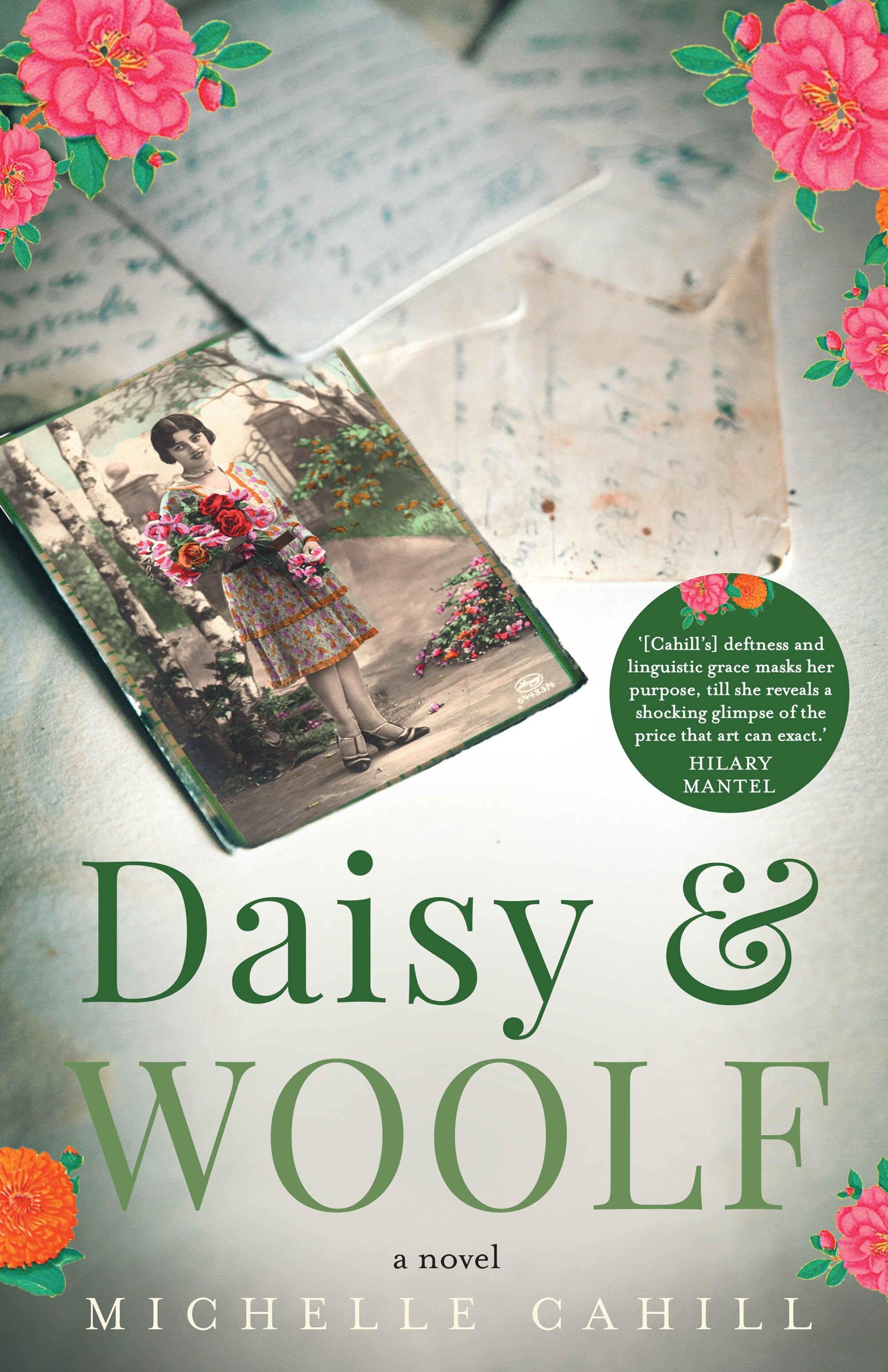 Cover of Daisy and Woolf by Michelle Cahill featuring a picture of a young woman holding a bouquet of pink flowers