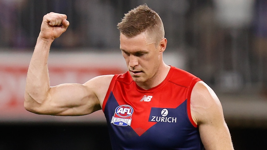 Melbourne Demons AFL player Tom McDonald pumps his right fist during the AFL grand final.