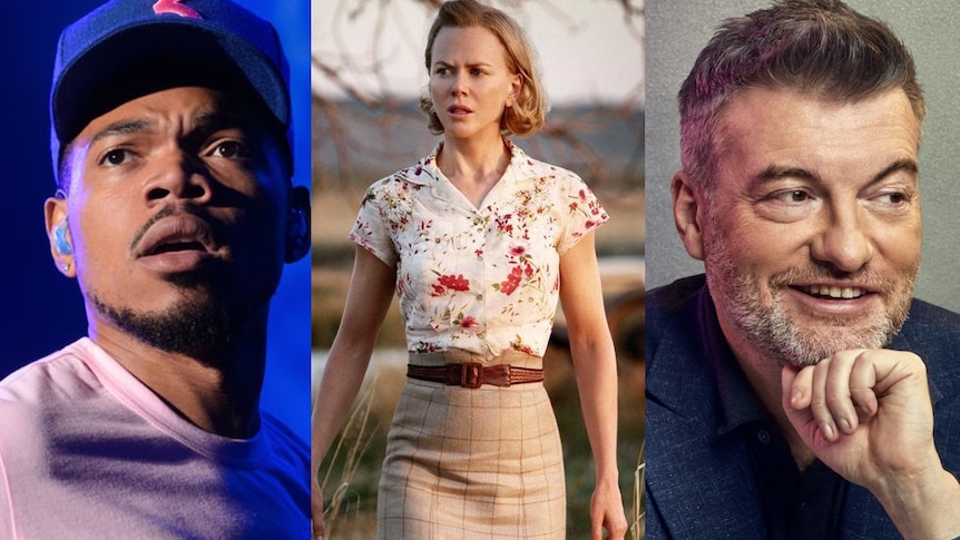 Three images spliced together show Chance the Rapper on stage, Nicole Kidman in movie Australia and Charlie Brooker.